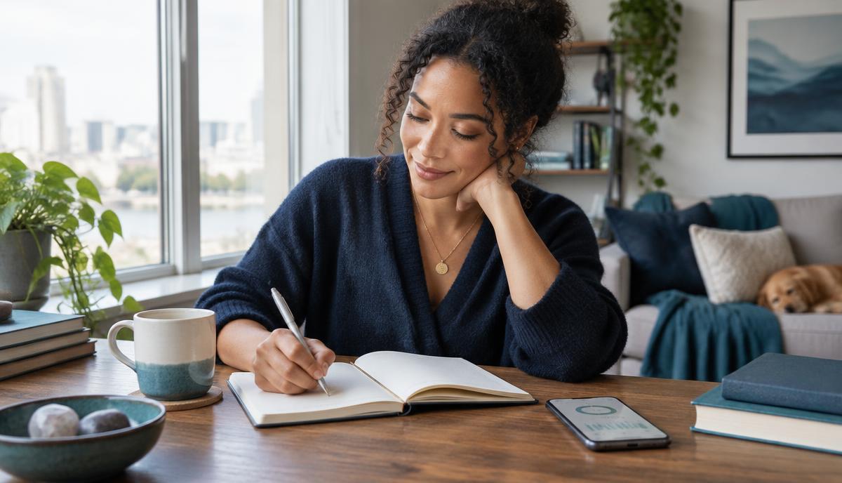 A woman reflecting in her journal beside a bright window